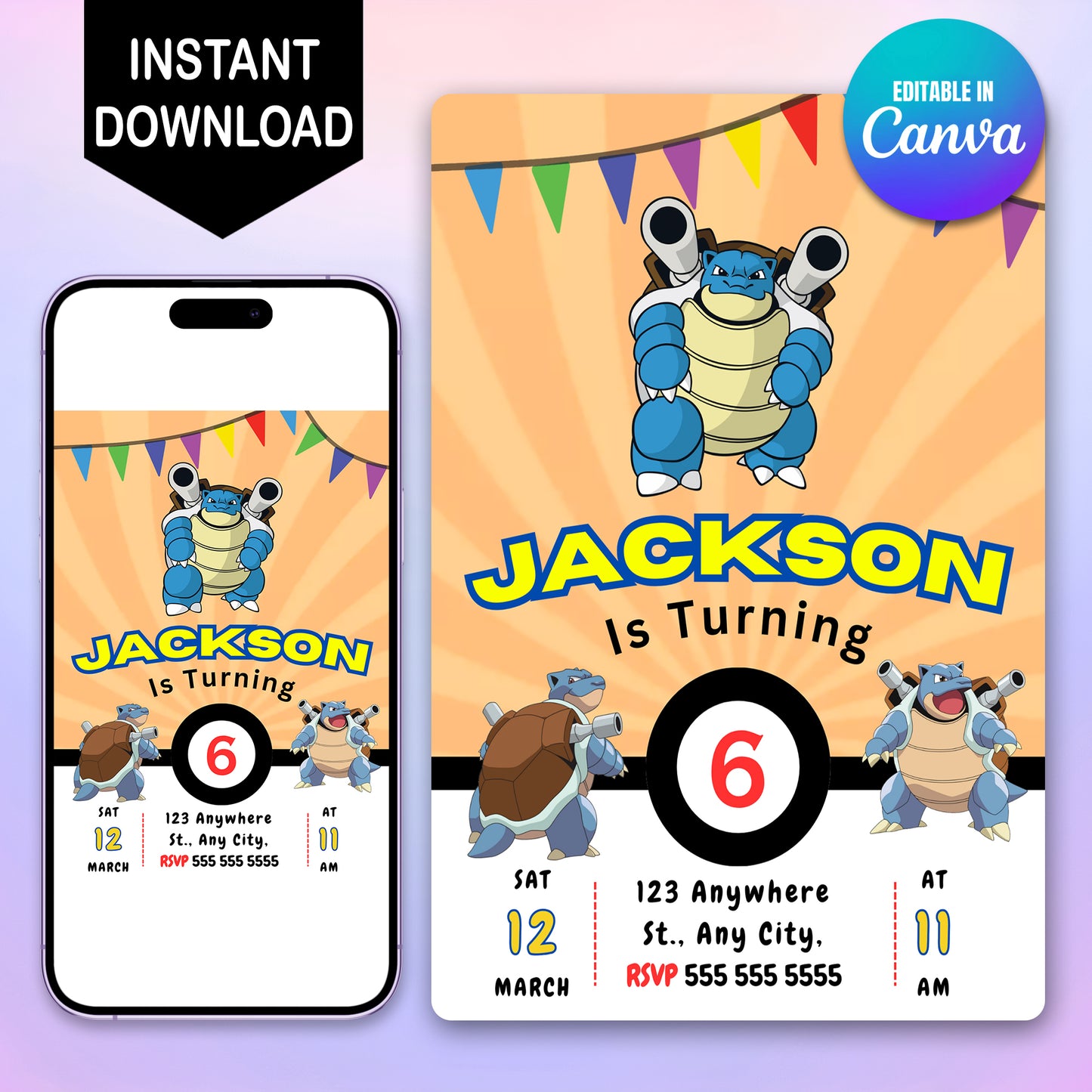 Blastoise Birthday Invitation Template | Pokemon Invite - CreativeRino