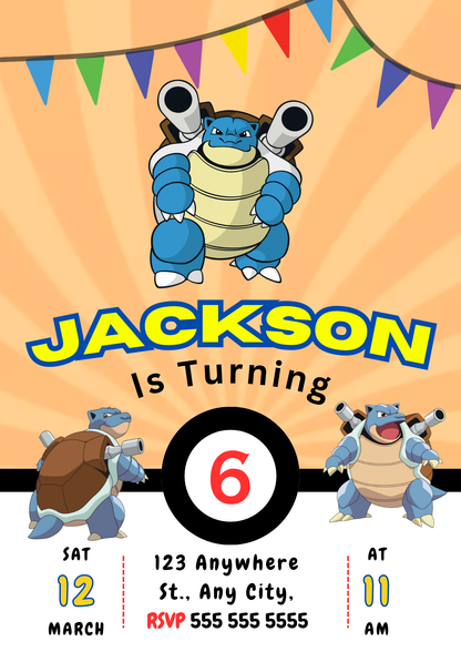 Blastoise Birthday Invitation Template | Pokemon Invite - CreativeRino