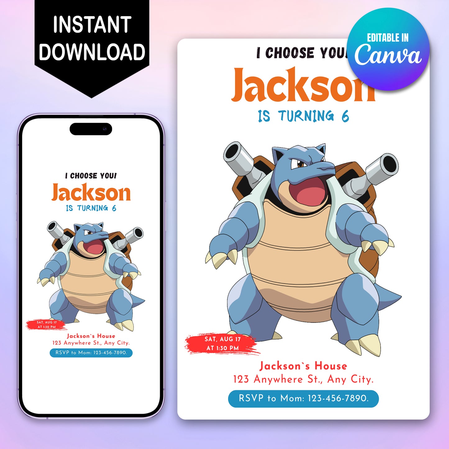 Blastoise Birthday Party Invitation Template | Pokemon Invite - CreativeRino