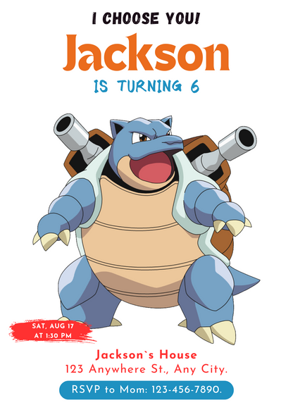 Blastoise Birthday Party Invitation Template | Pokemon Invite - CreativeRino