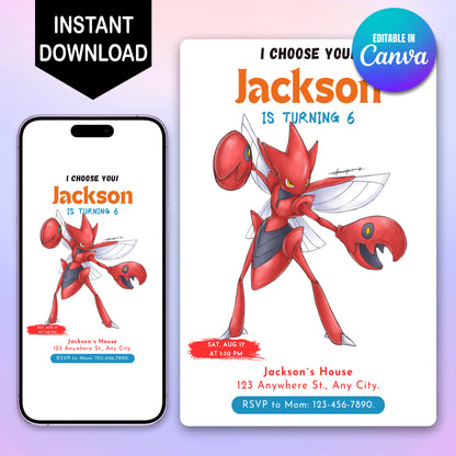 Scizor Birthday Party Invitation Template | Pokemon Invite - CreativeRino