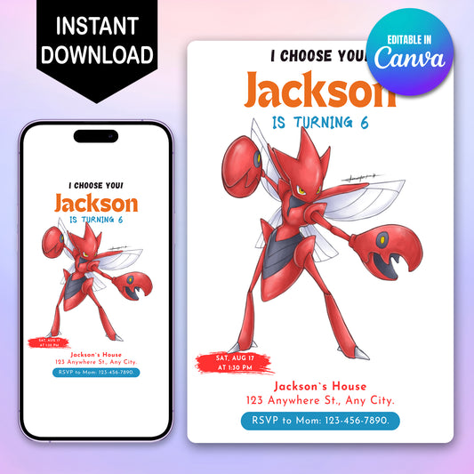 Scizor Birthday Party Invitation Template | Pokemon Invite - CreativeRino