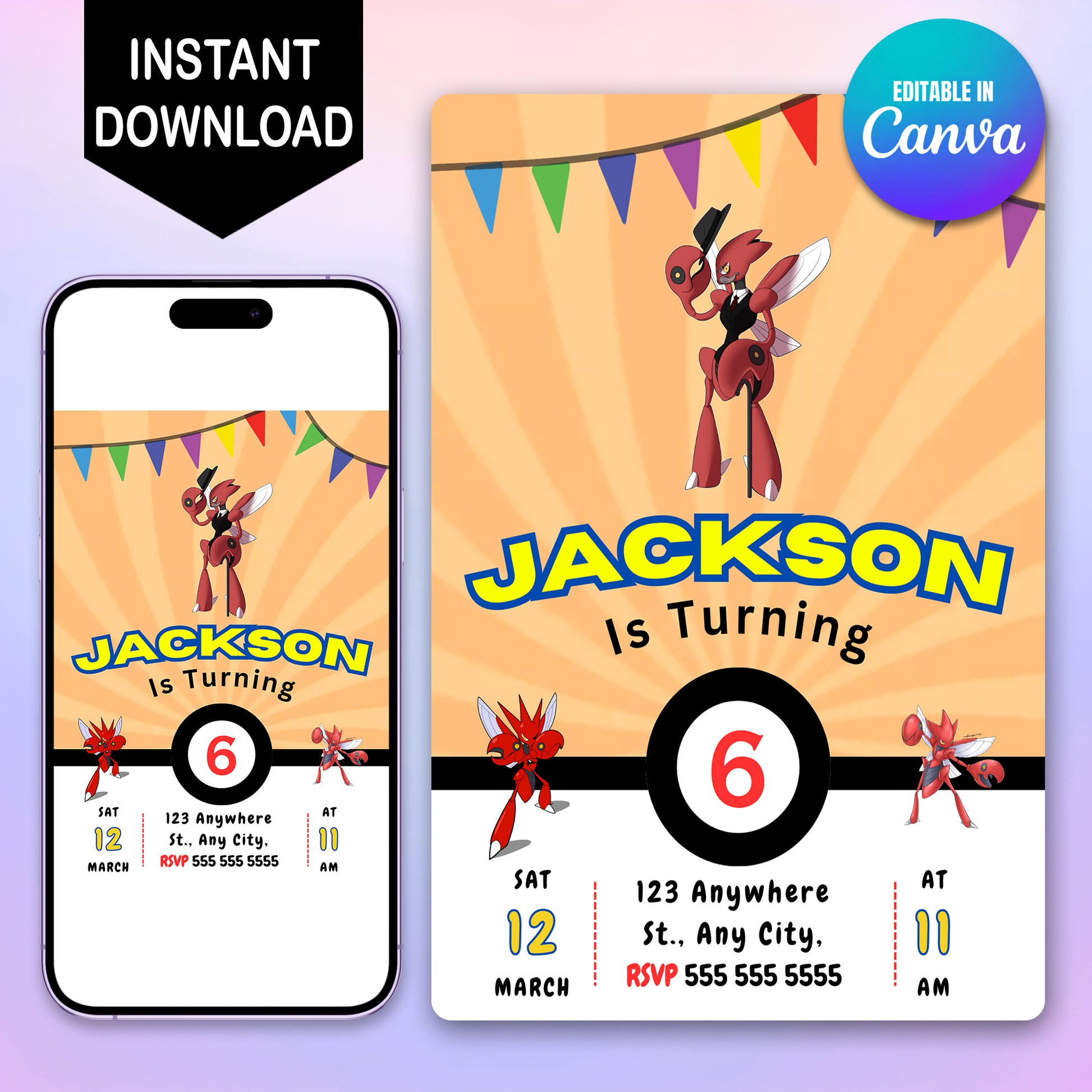 Scizor Pokemon Birthday Party Invitation Template - CreativeRino