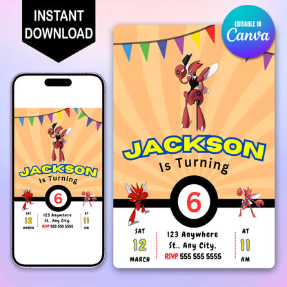Scizor Pokemon Birthday Party Invitation Template - CreativeRino