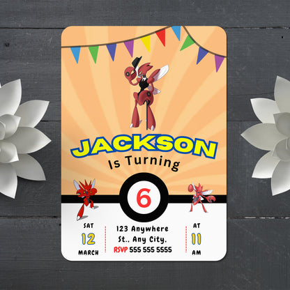 Scizor Pokemon Birthday Party Invitation Template - CreativeRino