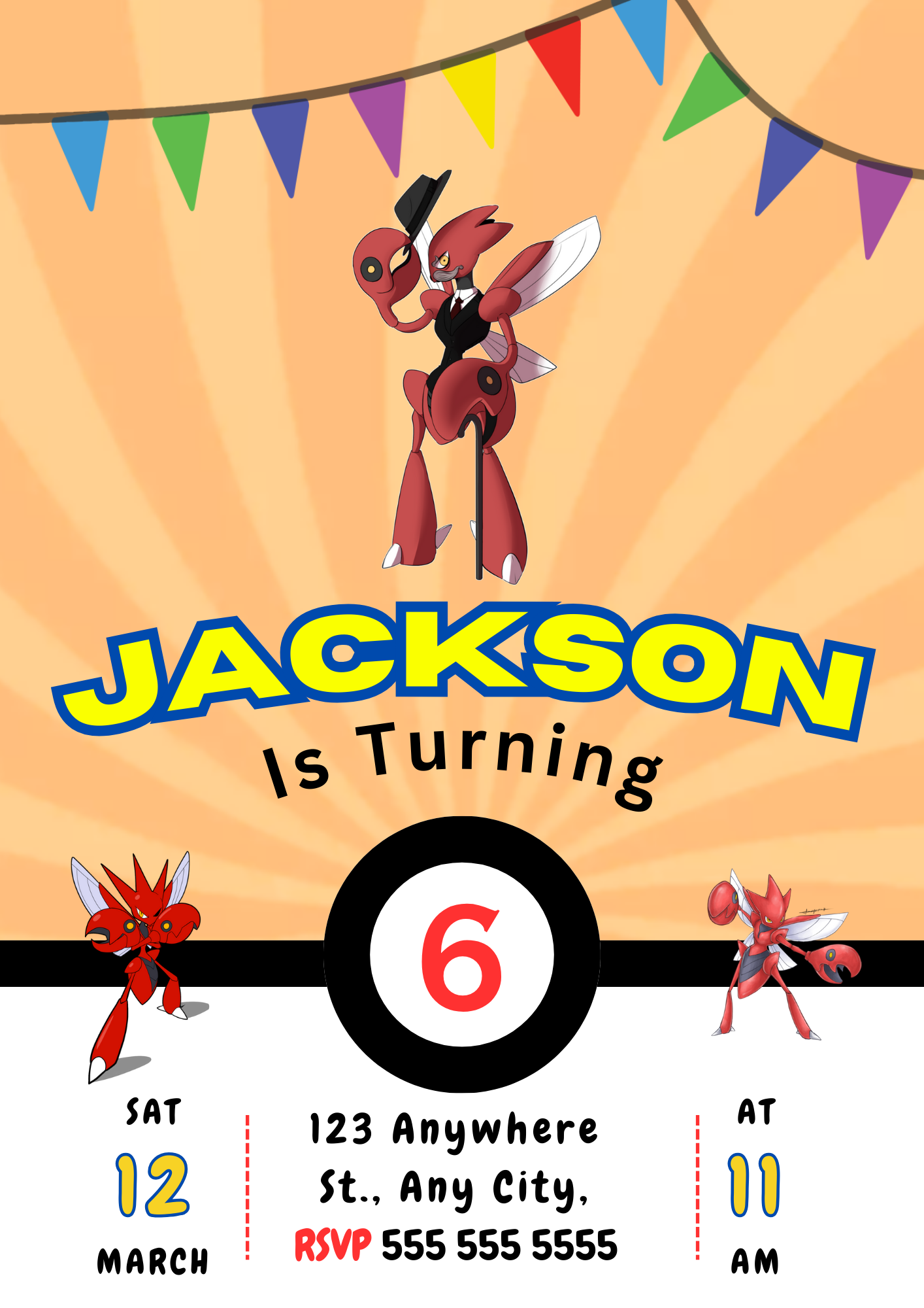Scizor Pokemon Birthday Party Invitation Template - CreativeRino