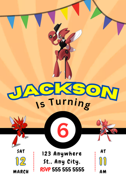 Scizor Pokemon Birthday Party Invitation Template - CreativeRino