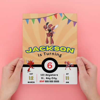 Scizor Pokemon Birthday Party Invitation Template - CreativeRino