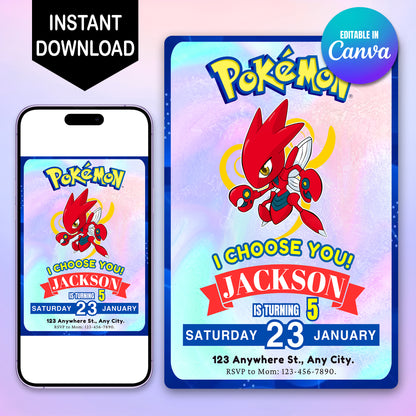 Scizor Invitation Template | Pokemon Birthday Invite - CreativeRino