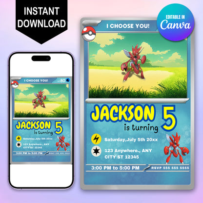 Scizor Invitation Template | Pokemon Card Birthday Invite - CreativeRino