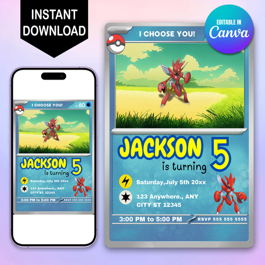 Scizor Invitation Template | Pokemon Card Birthday Invite - CreativeRino