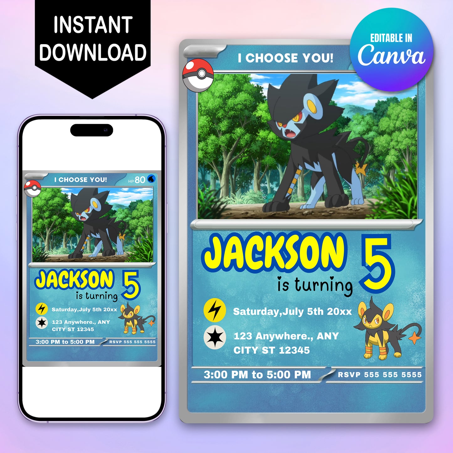 Luxray Invitation Template | Pokemon Card Birthday Invite - CreativeRino