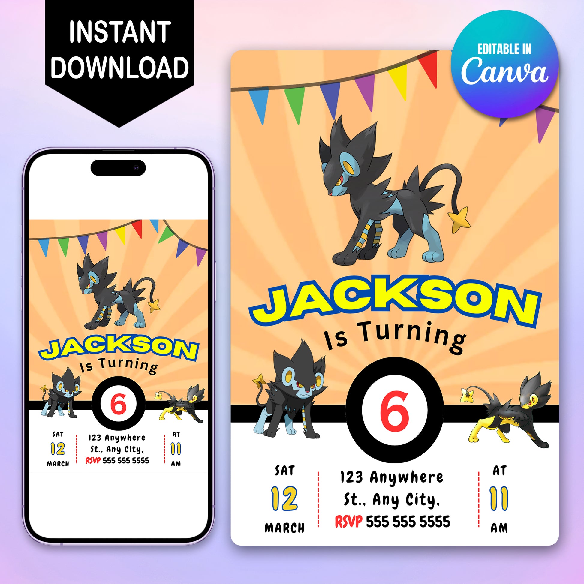 Luxray Pokemon Birthday Party Invitation Template - CreativeRino