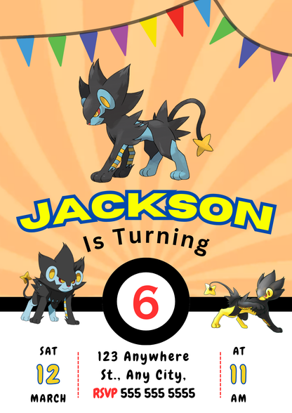 Luxray Pokemon Birthday Party Invitation Template - CreativeRino