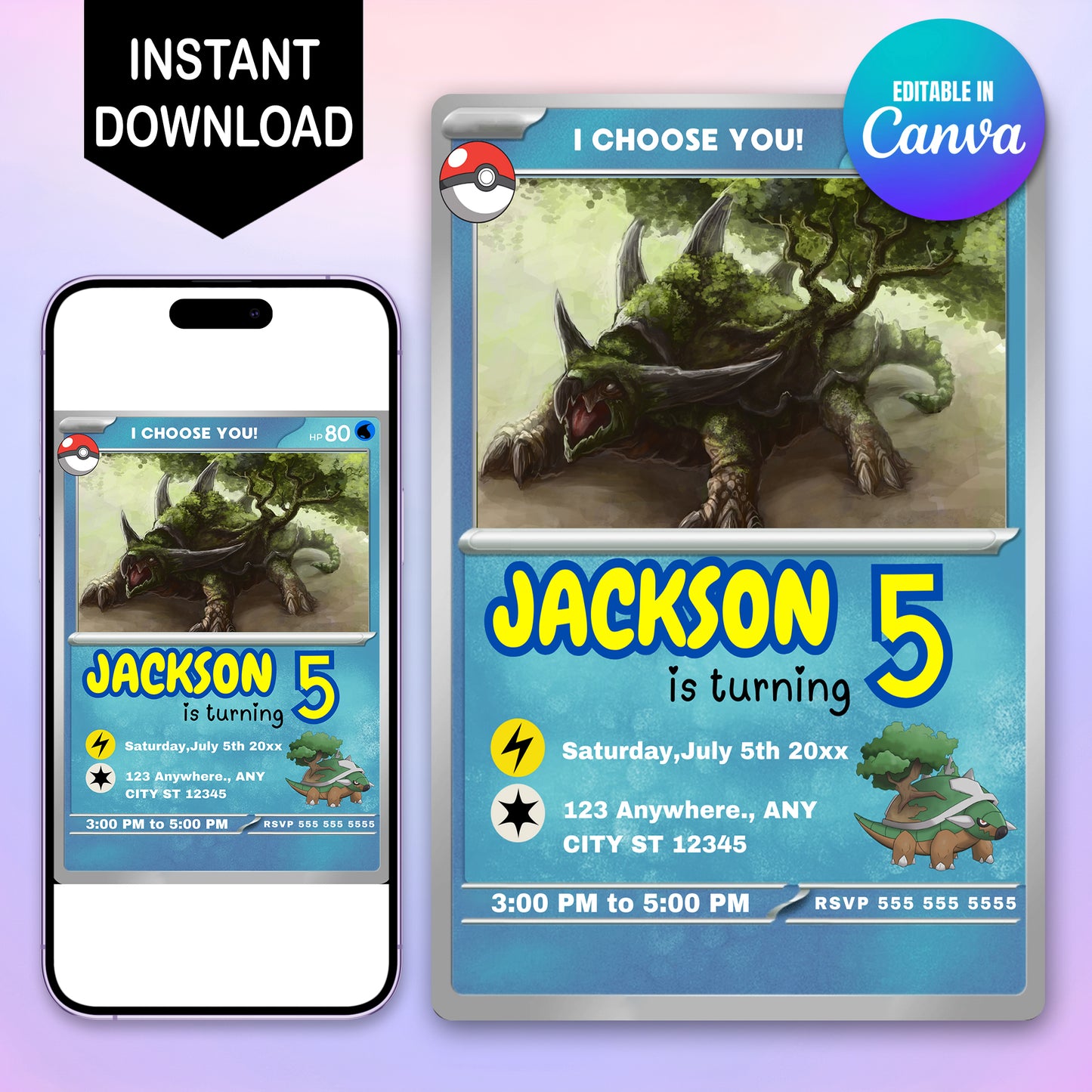 Torterra Invitation Template | Pokemon Card Birthday Invite - CreativeRino