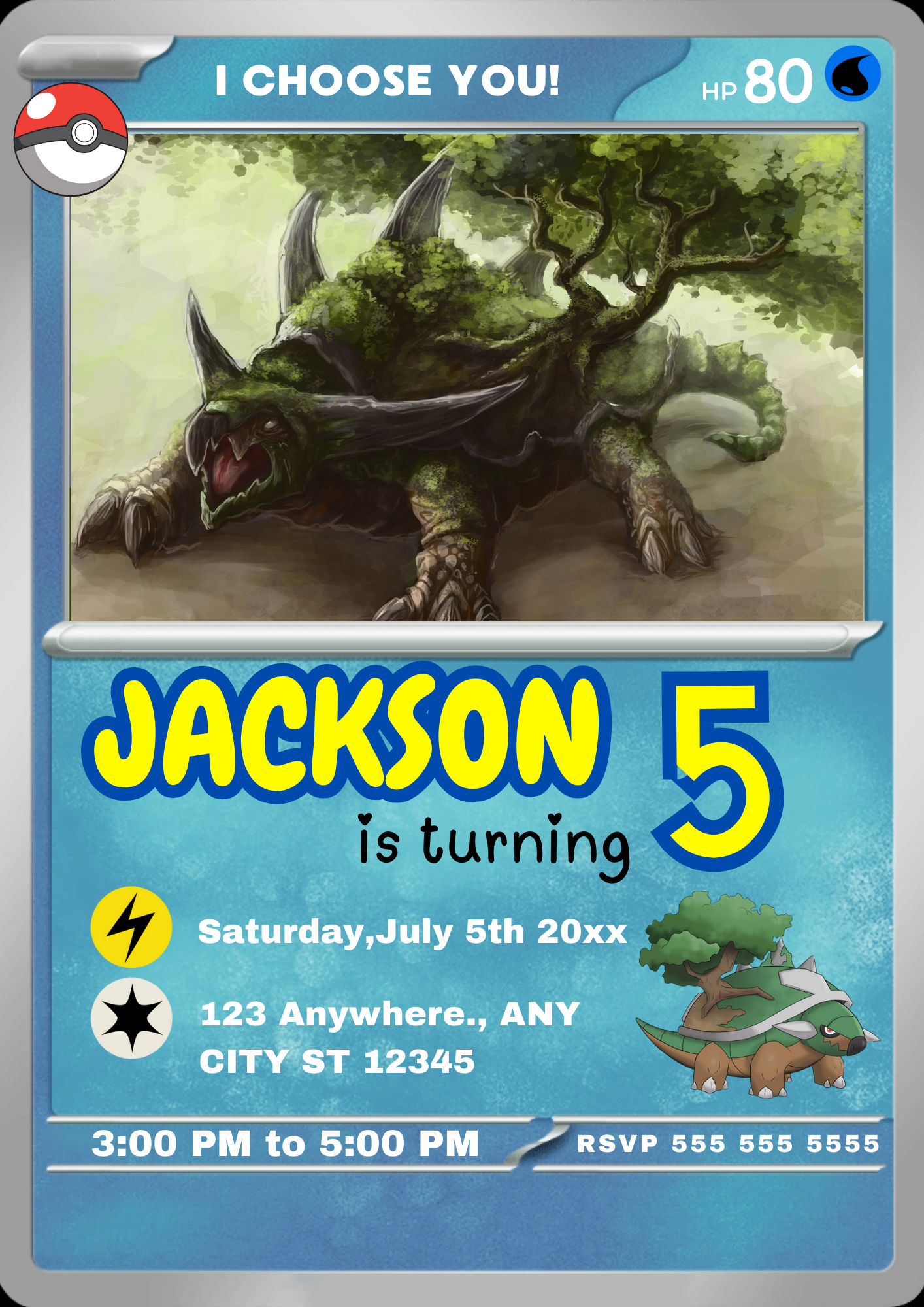 Torterra Invitation Template | Pokemon Card Birthday Invite - CreativeRino