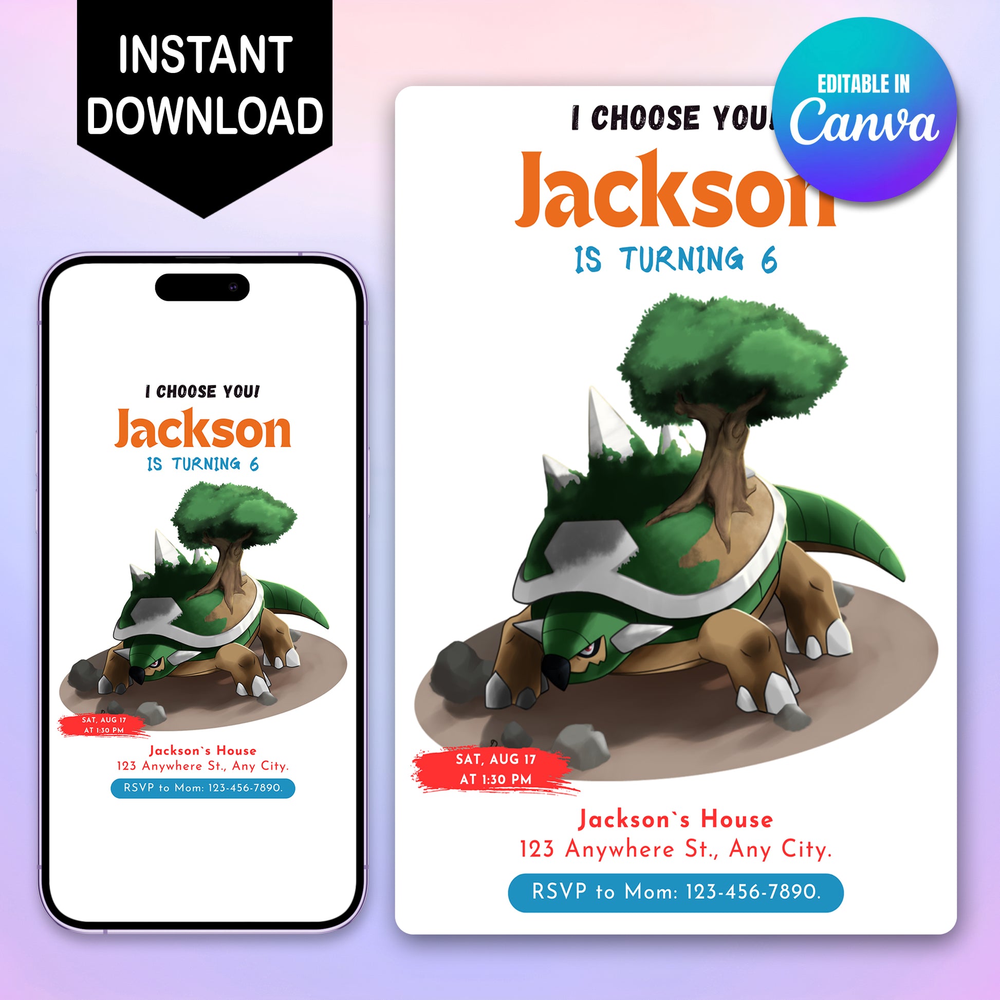 Torterra Birthday Party Invitation Template | Pokemon Invite - CreativeRino