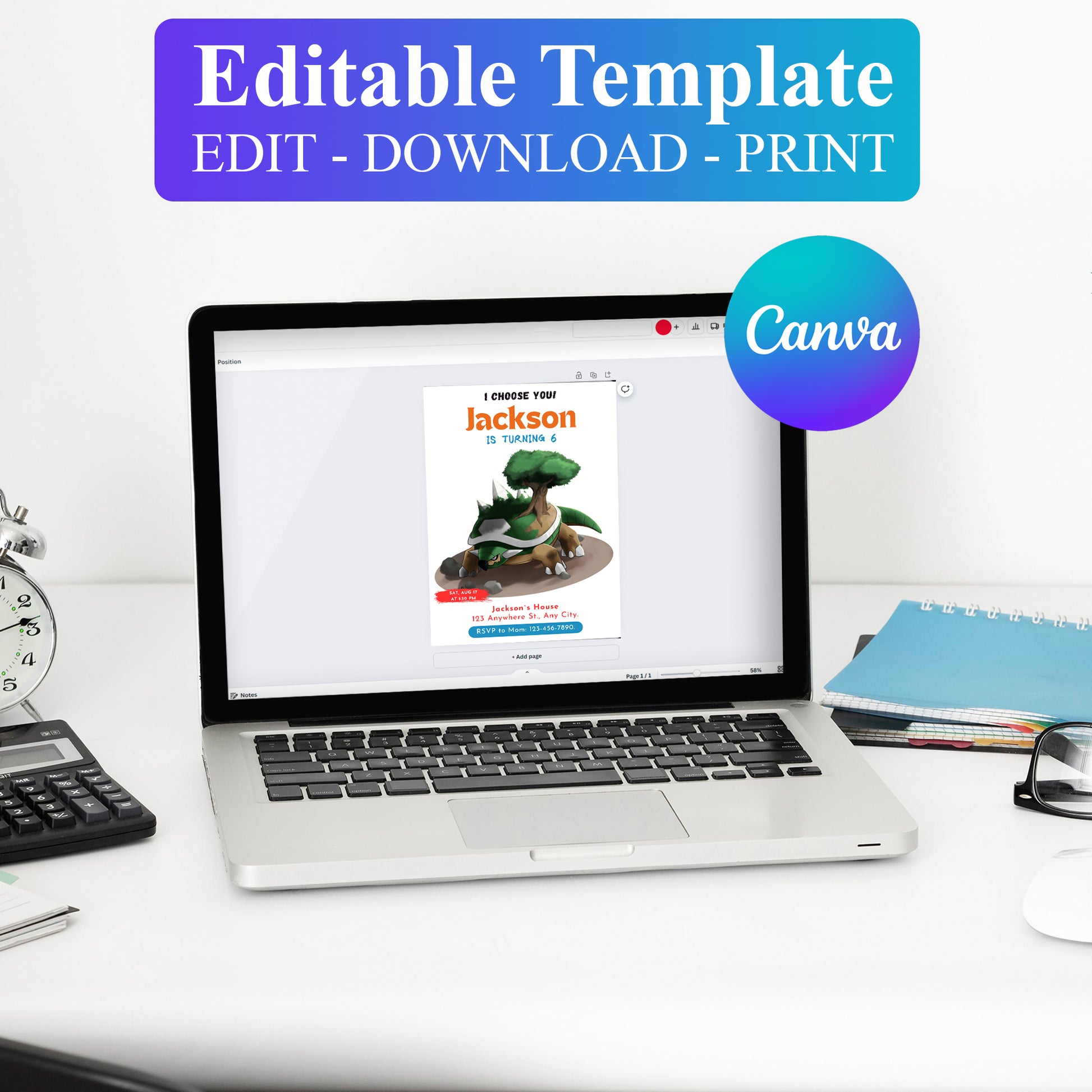 Torterra Birthday Party Invitation Template | Pokemon Invite - CreativeRino