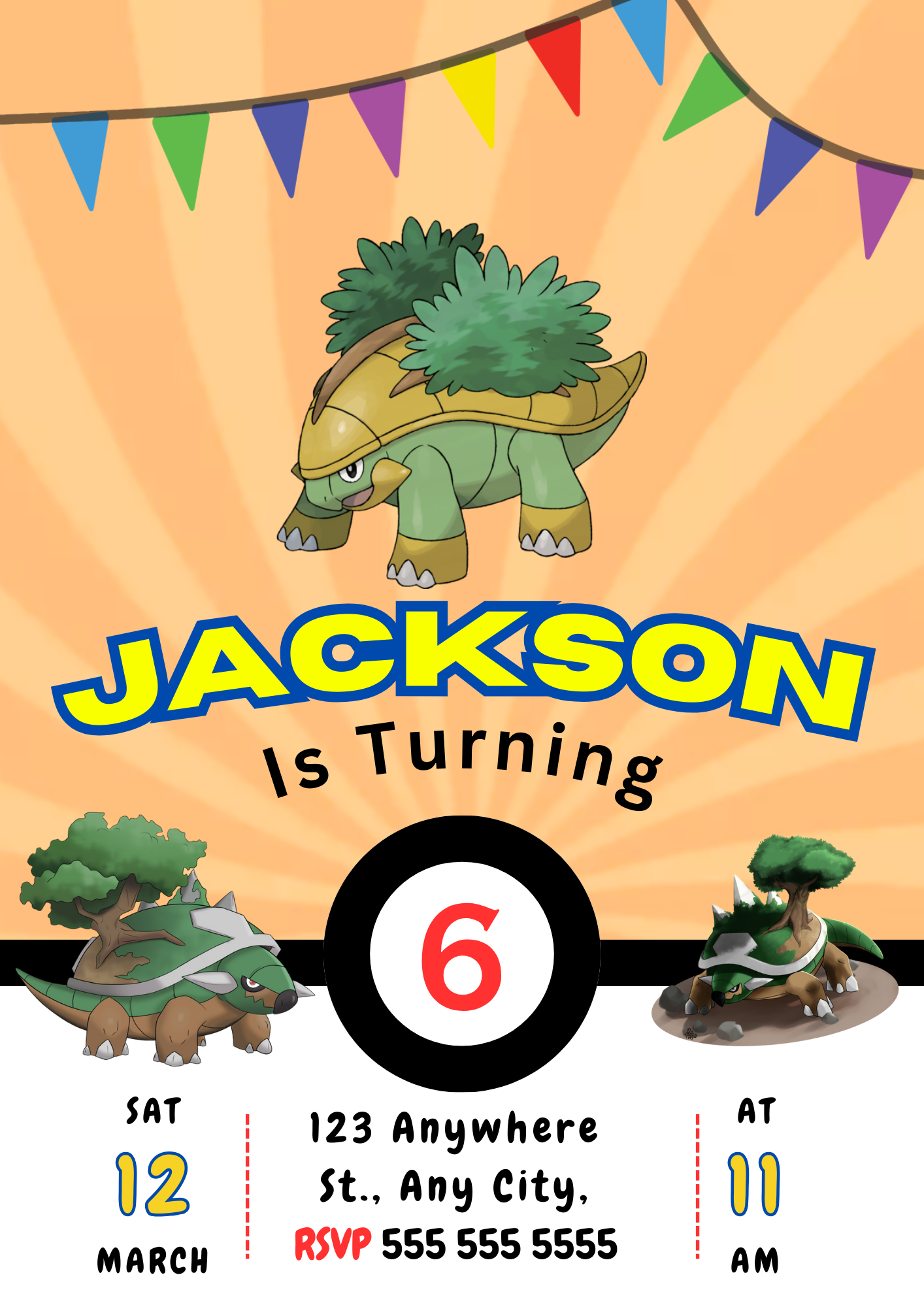 Torterra Pokemon Birthday Party Invitation Template - CreativeRino