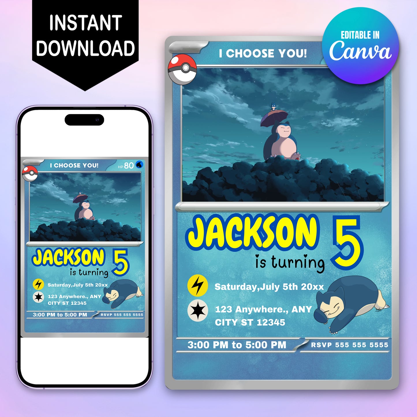 Snorlax Invitation Template | Pokemon Card Birthday Invite - CreativeRino