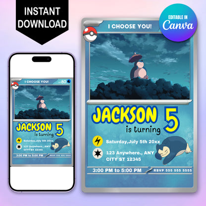 Snorlax Invitation Template | Pokemon Card Birthday Invite - CreativeRino