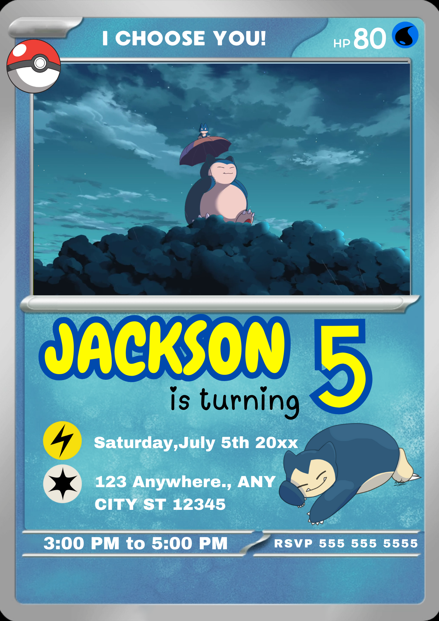 Snorlax Invitation Template | Pokemon Card Birthday Invite - CreativeRino