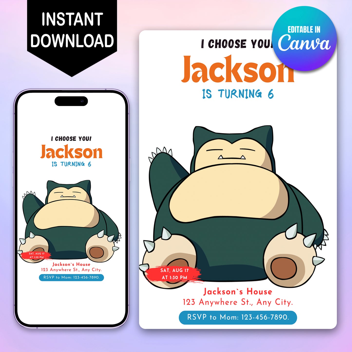 Snorlax Birthday Party Invitation Template | Pokemon Invite - CreativeRino
