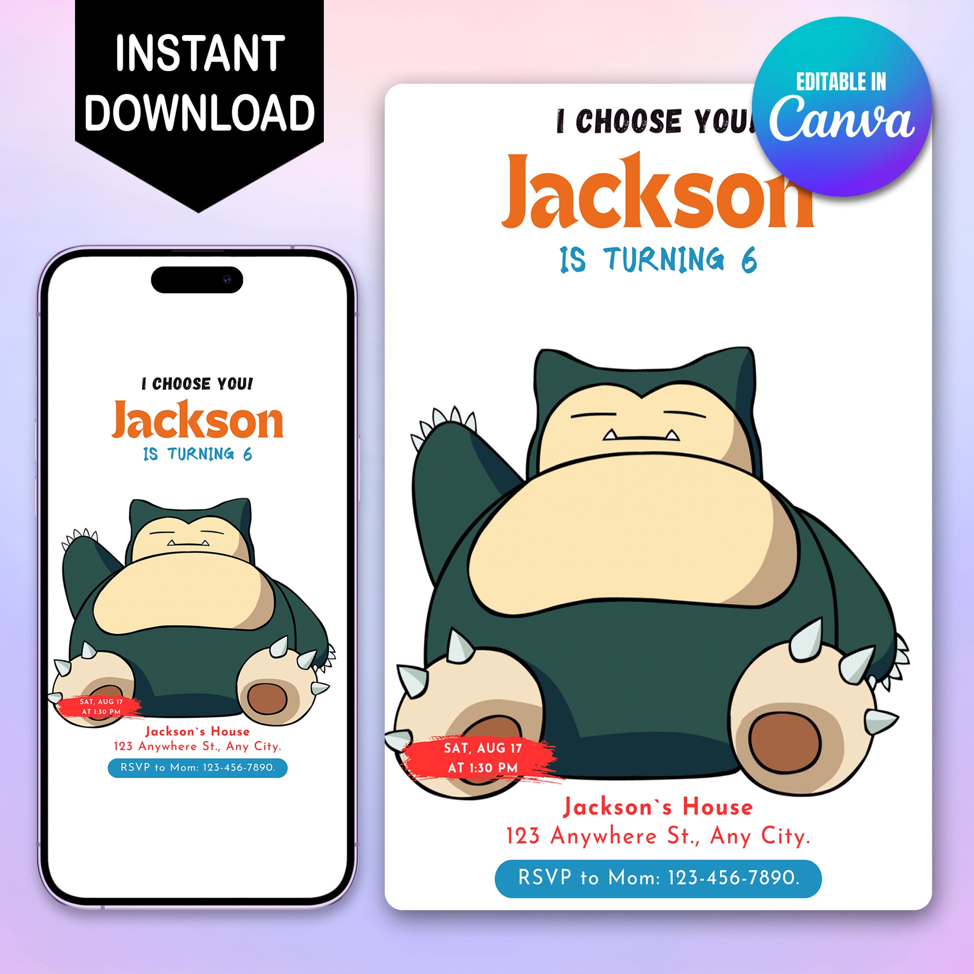 Snorlax Birthday Party Invitation Template | Pokemon Invite - CreativeRino