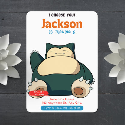 Snorlax Birthday Party Invitation Template | Pokemon Invite - CreativeRino
