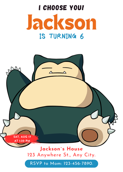 Snorlax Birthday Party Invitation Template | Pokemon Invite - CreativeRino