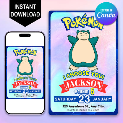 Snorlax Invitation Template | Pokemon Birthday Invite - CreativeRino