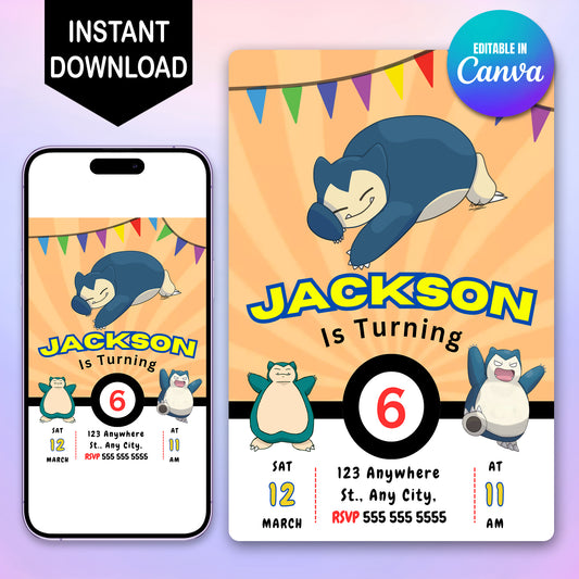 Snorlax Pokemon Birthday Party Invitation Template - CreativeRino