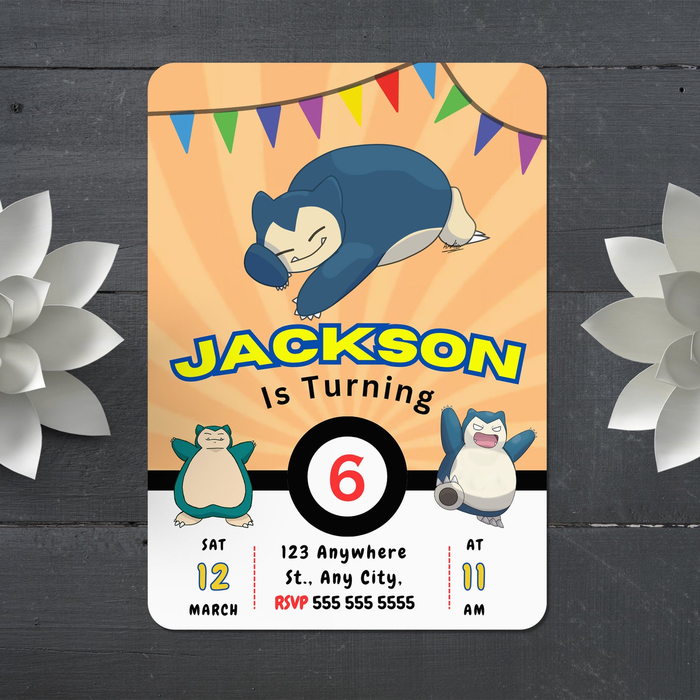 Snorlax Pokemon Birthday Party Invitation Template - CreativeRino