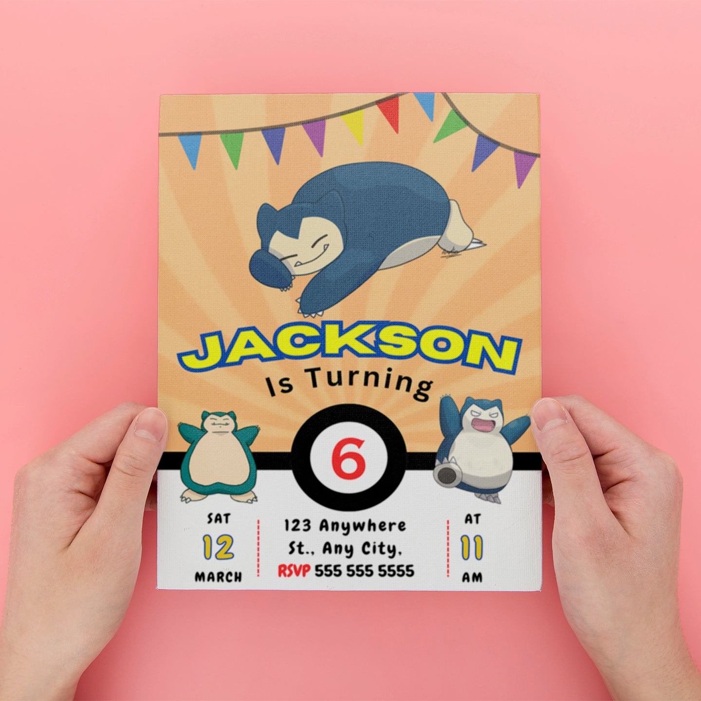 Snorlax Pokemon Birthday Party Invitation Template - CreativeRino