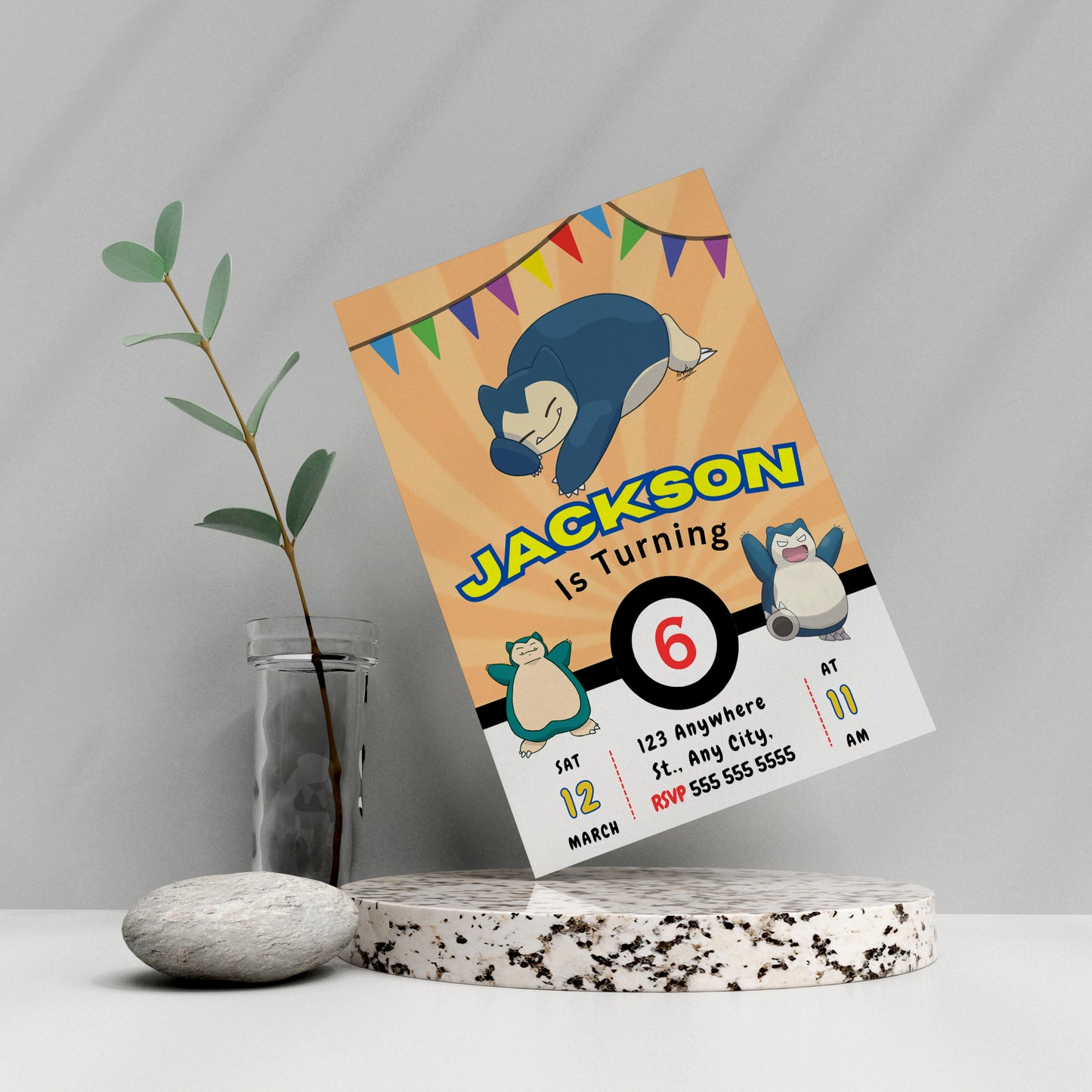 Snorlax Pokemon Birthday Party Invitation Template - CreativeRino