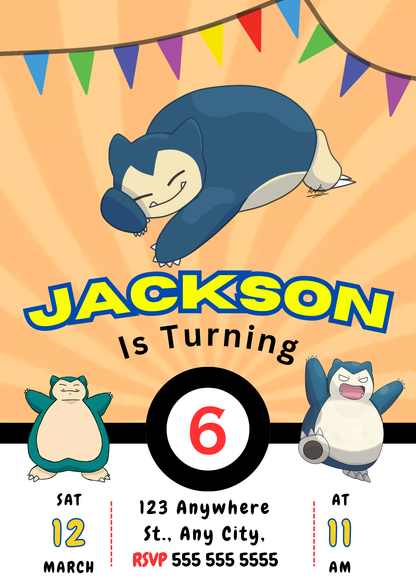 Snorlax Pokemon Birthday Party Invitation Template - CreativeRino