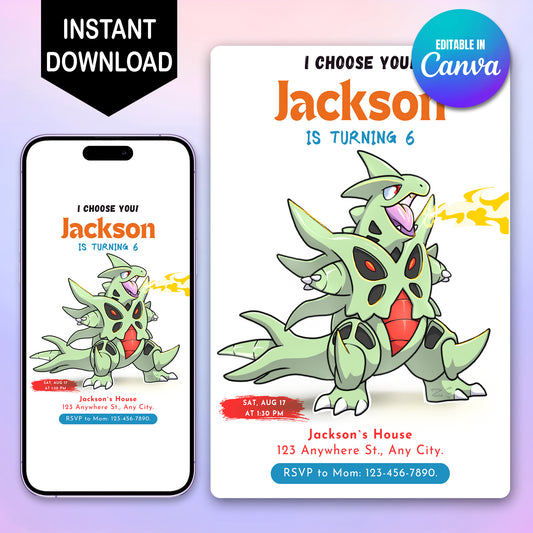 Tyranitar Birthday Party Invitation Template | Pokemon Invite - CreativeRino