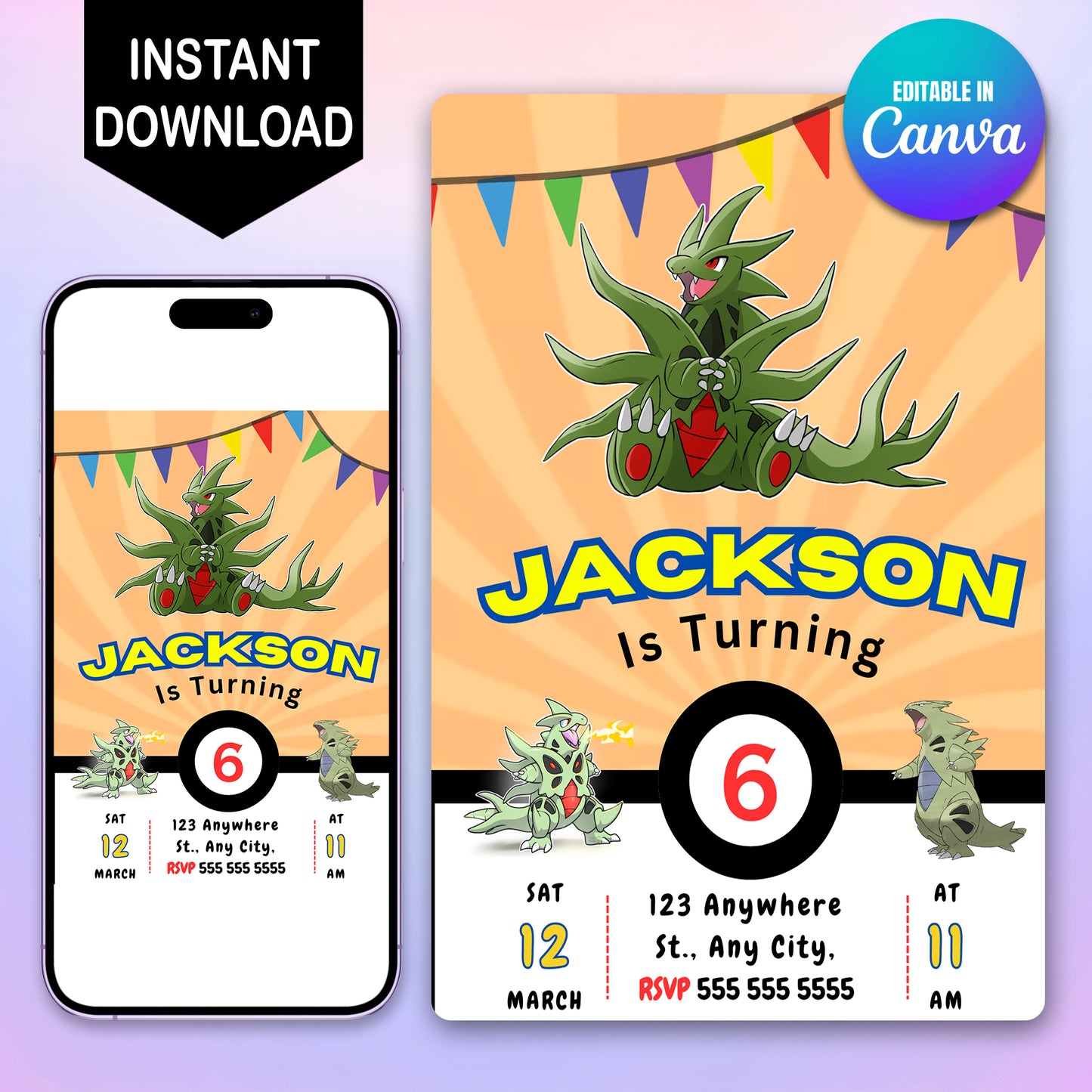Tyranitar Pokemon Birthday Party Invitation Template - CreativeRino