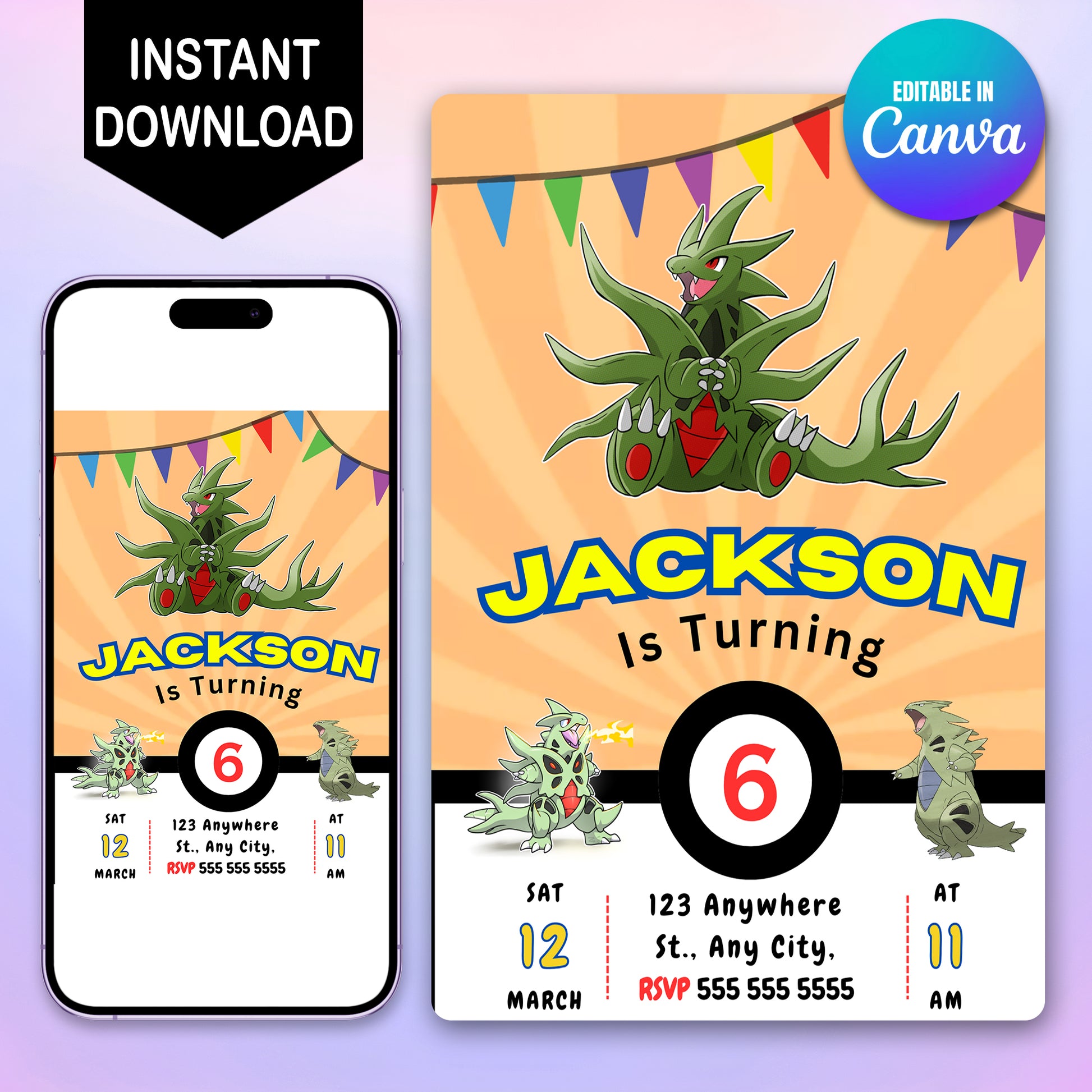 Tyranitar Pokemon Birthday Party Invitation Template - CreativeRino