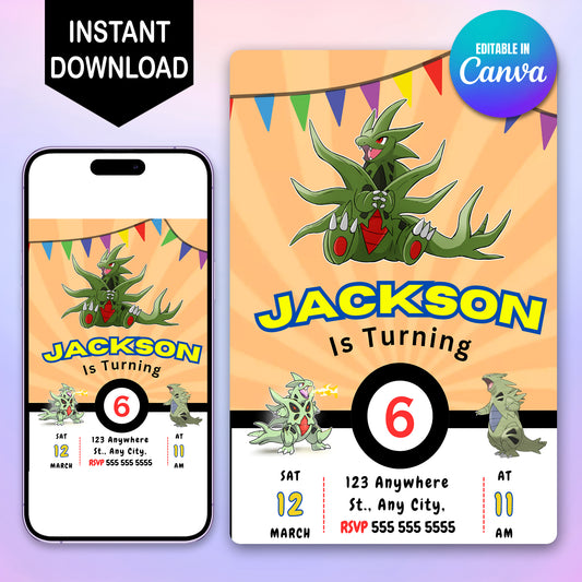 Tyranitar Pokemon Birthday Party Invitation Template - CreativeRino