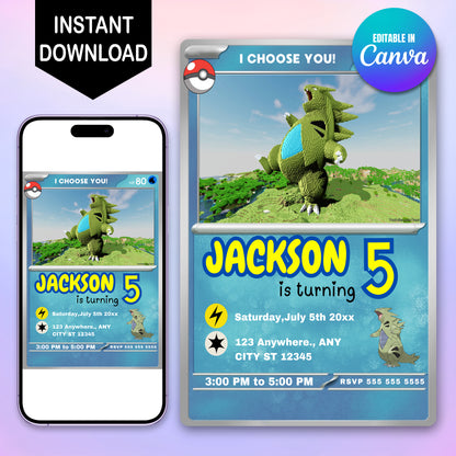 Tyranitar Invitation Template | Pokemon Card Birthday Invite - CreativeRino