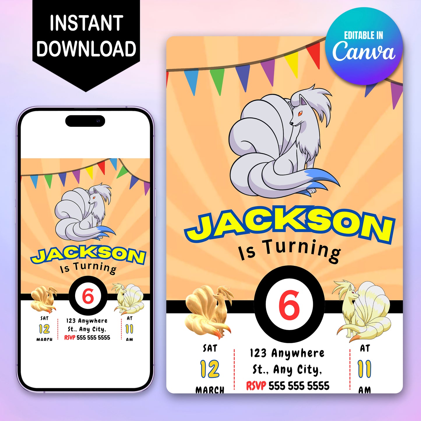 Ninetales Pokemon Birthday Party Invitation Template - CreativeRino