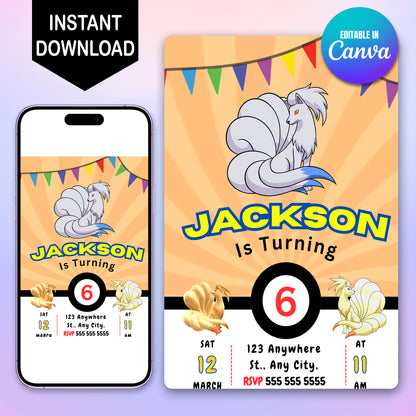 Ninetales Pokemon Birthday Party Invitation Template - CreativeRino