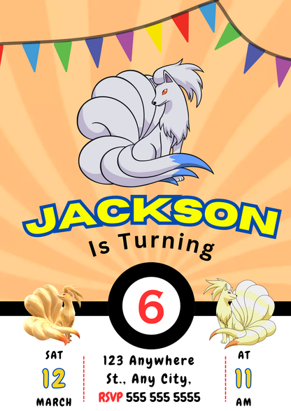 Ninetales Pokemon Birthday Party Invitation Template - CreativeRino