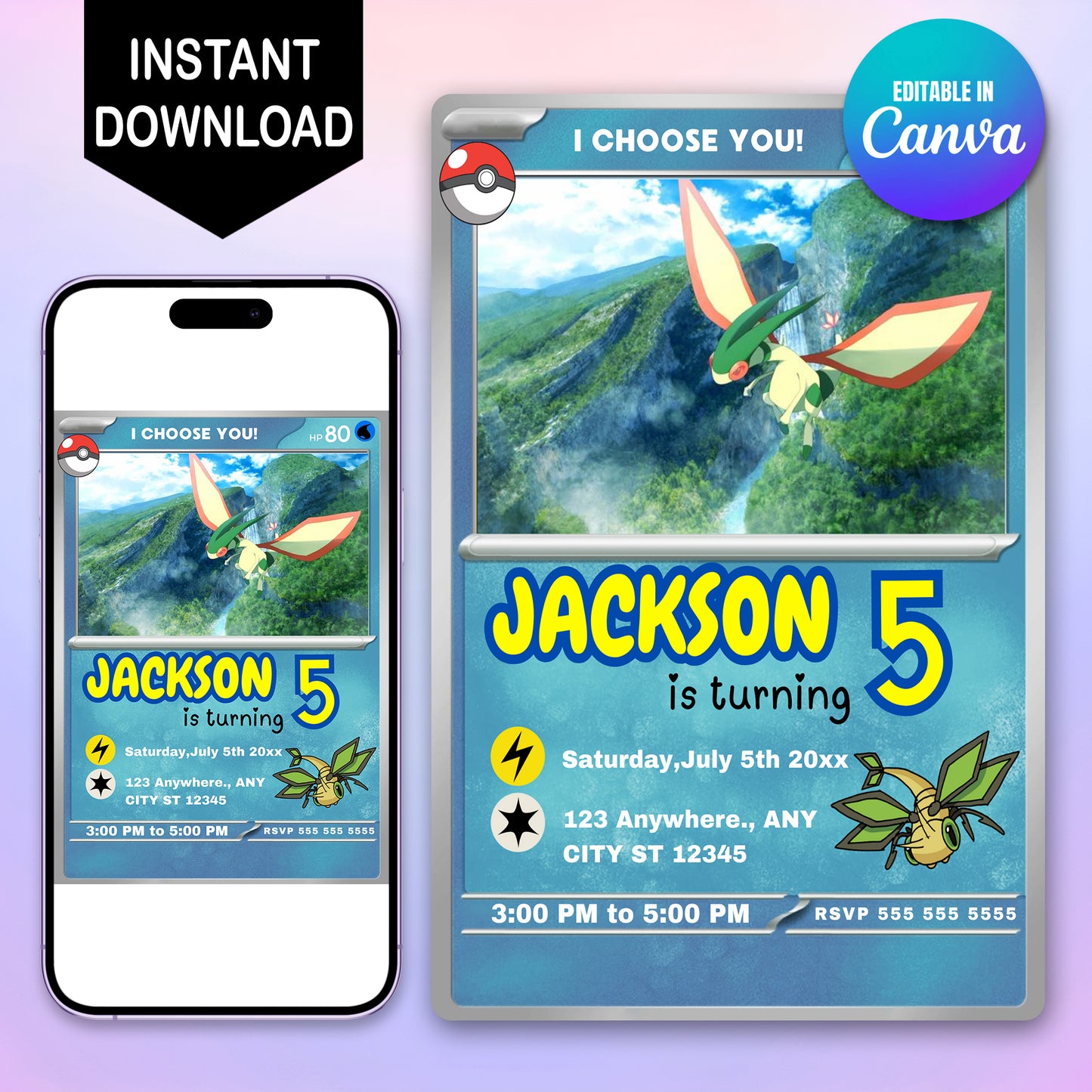 Flygon Invitation Template | Pokemon Card Birthday Invite - CreativeRino