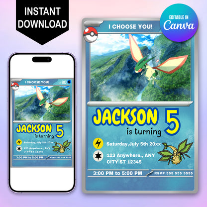 Flygon Invitation Template | Pokemon Card Birthday Invite - CreativeRino