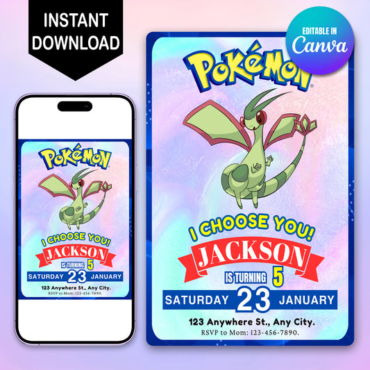 Flygon Invitation Template | Pokemon Birthday Invite - CreativeRino