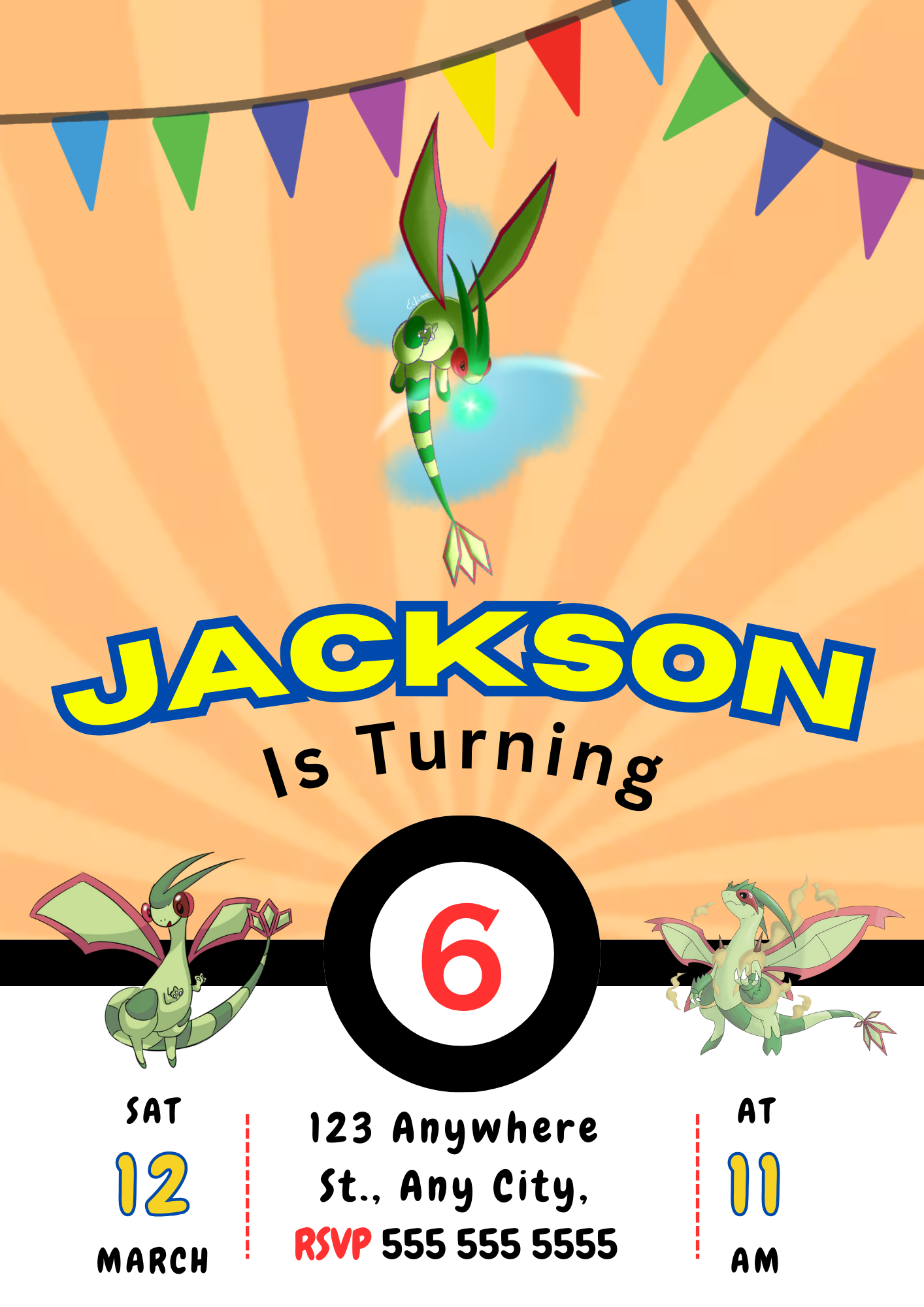 Flygon Pokemon Birthday Party Invitation Template - CreativeRino