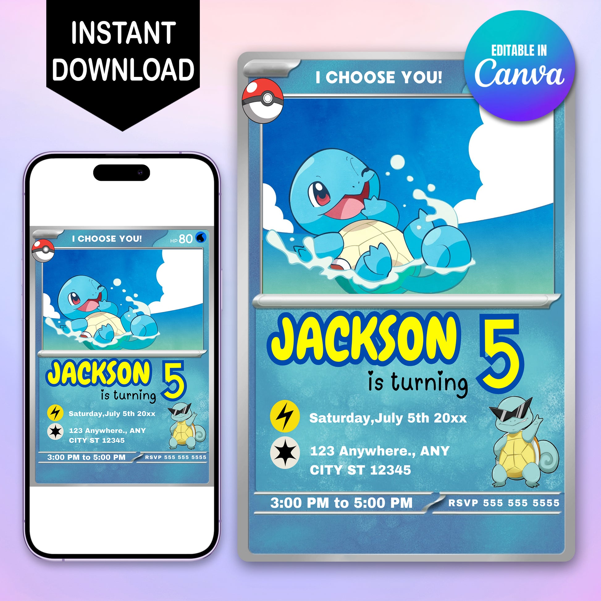 Squirtle Invitation Template | Pokemon Card Birthday Invite - CreativeRino