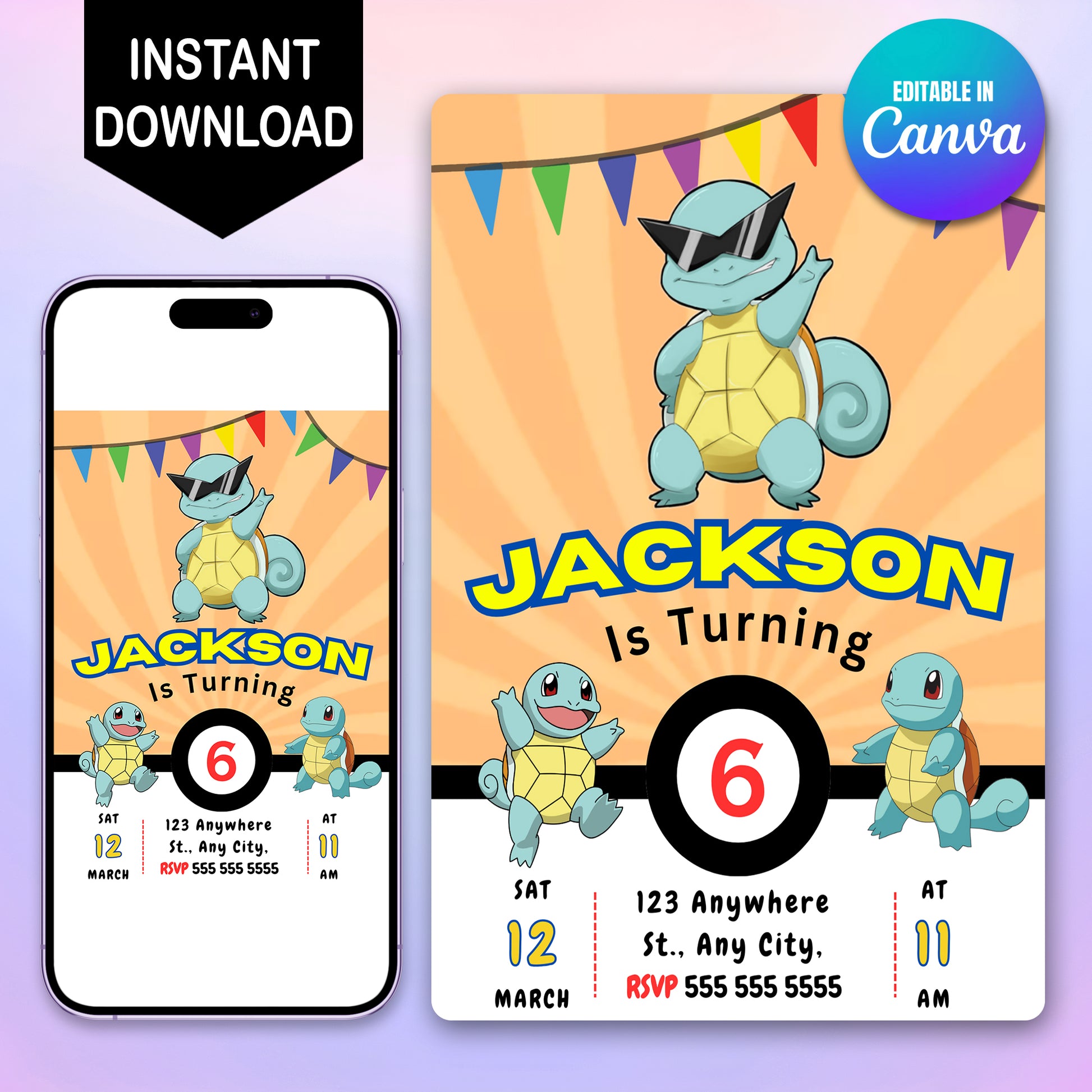 Squirtle Pokemon Birthday Party Invitation Template - CreativeRino